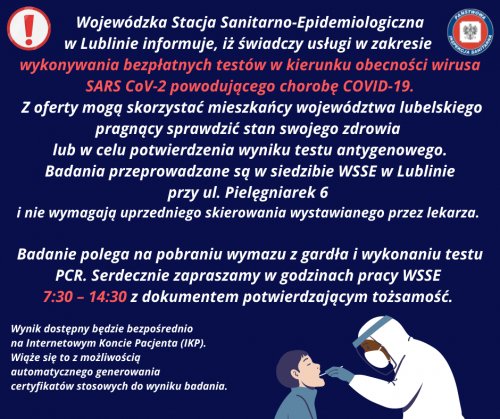 Bezpłatne testy w kierunku obecności wirusa SARS CoV-2 w WSSE Lublin
