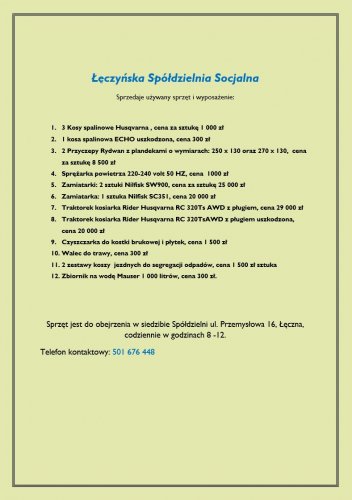 Łęczyńska Spółdzielnia Socjalna - sprzedaż sprzętu